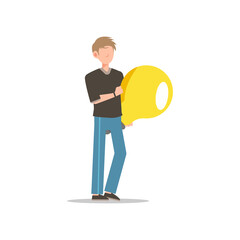 Fototapeta na wymiar Cartoon character illustration of young man holding light bulb. Concept of search new ideas solutions, imagination, creative innovation idea, brainstorming. Flat design isolated on white.