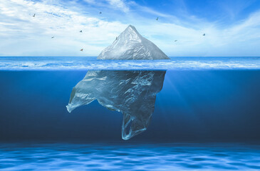 Global warming in the sea. Plastic bag iceberg with the bird, environment pollution
