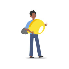 Cartoon character illustration of young man holding light bulb. Concept of search new ideas solutions, imagination, creative innovation idea, brainstorming. Flat design isolated on white.