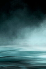 Fototapeta premium Dramatic dark background. Reflection of light on the water. Smoke fog. Empty futuristic scene. Night water landscape.