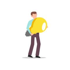 Cartoon character illustration of young business man holding light bulb. Concept of search new ideas solutions, imagination, creative innovation idea, brainstorming. Flat design isolated.