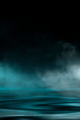 Fototapeta premium Dramatic dark background. Reflection of light on the water. Smoke fog. Empty futuristic scene. Night water landscape.
