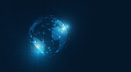 Vector digital global technology concept.Global network connection with world cmap on dark blue color background.