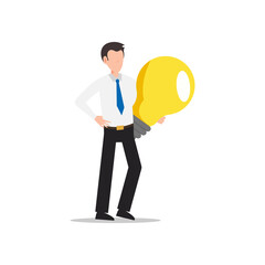 Fototapeta na wymiar Cartoon character illustration of young business man holding light bulb. Concept of search new ideas solutions, imagination, creative innovation idea, brainstorming. Flat design isolated.