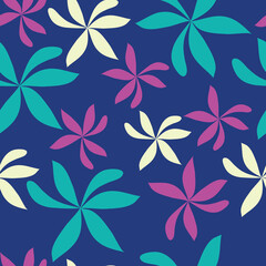 Random Scatter Flowers seamless repeat pattern 0n blue background. Modern and original textile, wrapping paper, wall art design.