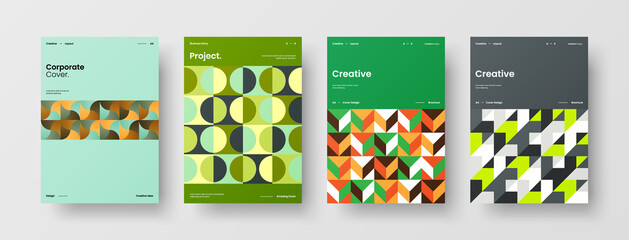 Fototapeta premium Company identity brochure template collection. Business presentation vector A4 vertical orientation front page mock up set. Corporate report cover abstract geometric illustration design layout bundle.