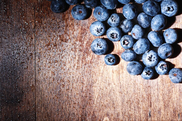 Water drops on ripe sweet blueberry. Fresh blueberries background with copy space for your text. Vegan and vegetarian concept. Macro texture of blueberry berries.