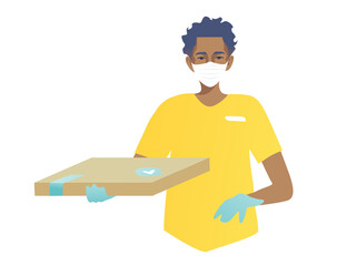 Handsome young guy in a mask and gloves hands over delivery. African american man brought pizza. Order food at home. Isolated against white background, yellow blue design.
