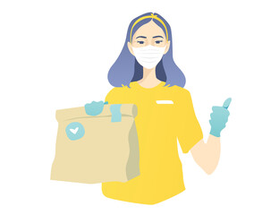 Beautiful young girl with blue hair in a mask and gloves is handing over a package with delivery. Order food at home. Isolated against white background, yellow blue design.