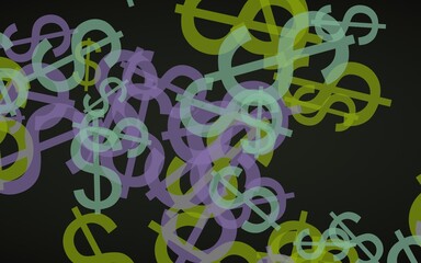 Multicolored translucent dollar signs on dark background. Green tones. 3D illustration