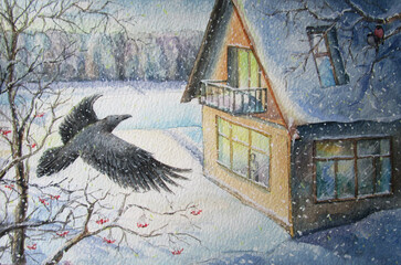 A Crow and a house in winter, watercolor