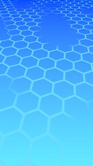 Translucent, with breaks, honeycomb on a gradient blue sky background. Perspective view on polygon look like honeycomb. Isometric geometry. 3D illustration