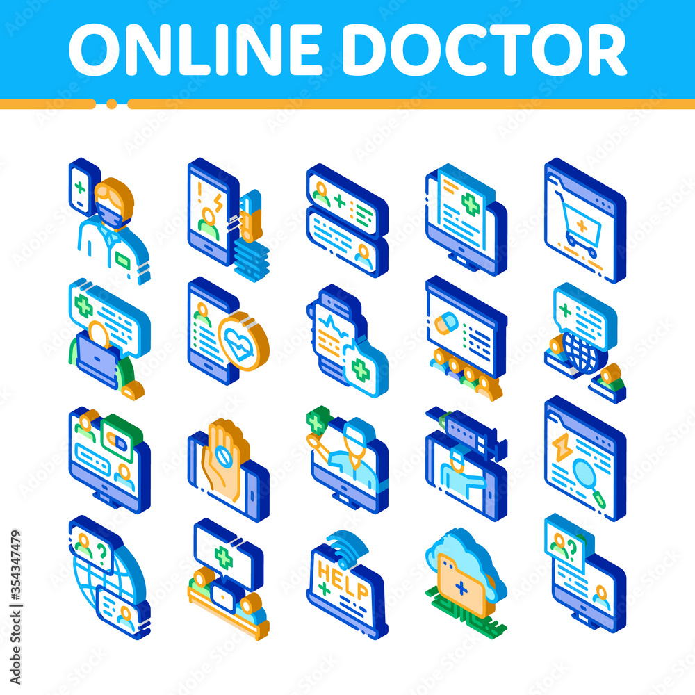 Canvas Prints OnDoctor Advice Icons Set Vector. Isometric Internet Doctor Consultation, Healthy Help Web Site, World Medicine, Hand Hold Pills Illustrations