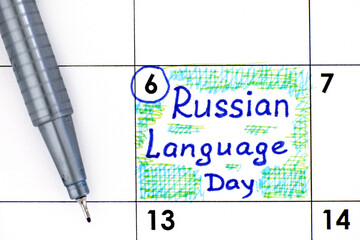 Reminder Russian Language Day in calendar with pen
