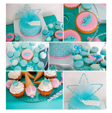 Blue summer time theme for party or birthday. Collage of five pictures of sweets, cupcakes, pop cakes.