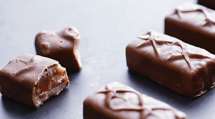 Chocolate bars on a black background in backlight. Chocolate with filling. Sweet sweets for snack and tea.