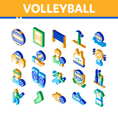 Volleyball Sport Game Icons Set Vector. Isometric Volleyball Ball In Water And Grid, Athlete Equipment And Sneaker Illustrations