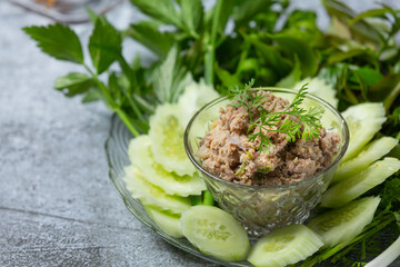 Fried Mackerel Chili Paste and Vegetable Set, Thai food.