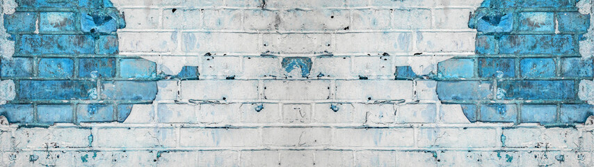 White blue abstract painted light damaged rustic brick wall masonry texture banner panorama, with copy space