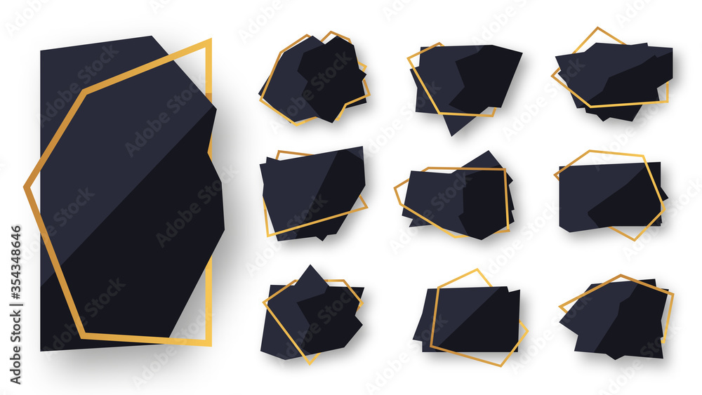 Poster abstract polygonal geometric black banner with gold line frame set. empty template for any design, c