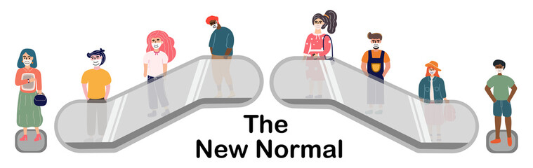 People wearing face mask and keep distance to use escalators. new normal, physical distance, coronavirus covid-19 prevention. Safe distance from the other. Vector illustration in flat cartoon design.