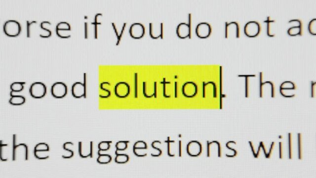 Highlighting a word from a phrase on a computer screen: solution. Macro detail shot.
