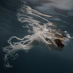 Girl in a dress with ribbons swims underwater
