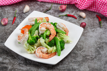 Stir fried mixed vegetables with shrimp.