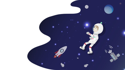 Child vector, astronaut boy, stars, galaxy and space, thinking idea creative concept, flat design cartoon background illustration