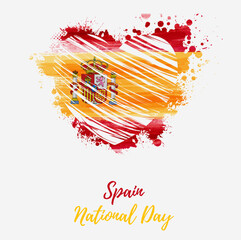 Spain National day background. Abstract brushed watercolor flag of Spain in grunge heart shape. Holiday template background.