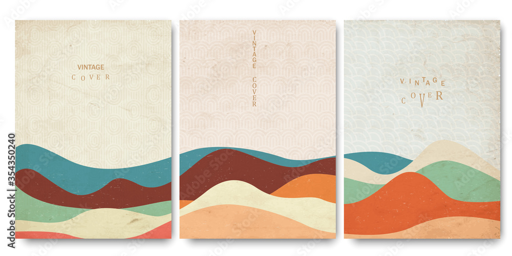 Canvas Prints old papers, covers templates set with japanese waves patterns and geometric curve hand drawn shapes 
