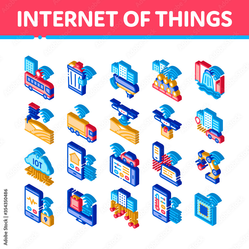 Poster internet of things iot icons set vector. isometric wifi signal in bus and truck, cctv camera and dro