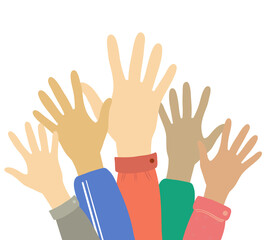 Obraz premium Hands up voting, career symbol colorful vector illustration. Hands silhouettes cultural and ethnic diversity. Multinational concept of team, volunteer, group, association, company, partnership