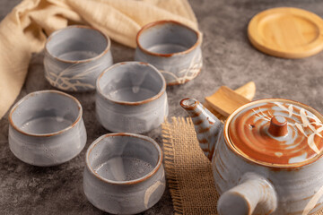 Old Japanese kettle Set on Old Table.