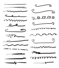 Set of handmade lines, brush lines, underlines. Hand-drawn collection of doodle style various shapes.