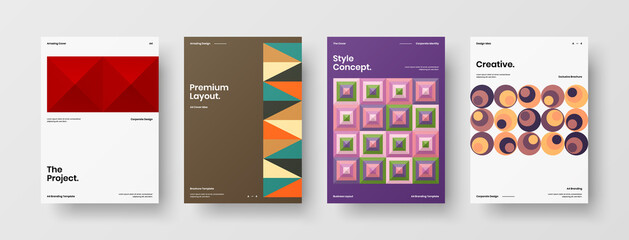 Fototapeta premium Company identity brochure template collection. Business presentation vector A4 vertical orientation front page mock up set. Corporate report cover abstract geometric illustration design layout bundle.