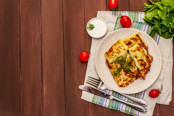 Hot appetizer - pita bread with cheese and herbs. Vegetarian healthy food