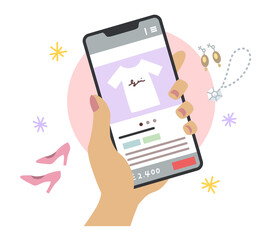 スマホでオークションサイト（フリマサイト）を見る褐色の手元のイラスト（線なし）