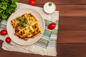 Hot appetizer - pita bread with cheese and herbs. Vegetarian healthy food