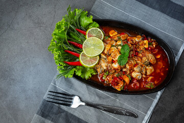Spicy fresh oyster salad and Thai food ingredients