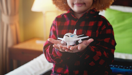 dreams of flight concept. Child girl is holding a toy airplane in hand - a symbol of travel and dreams     