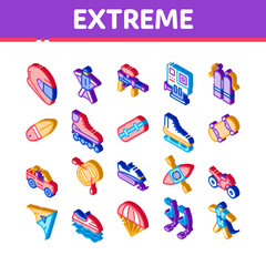 Extreme Sport Activity Icons Set Vector. Isometric Bike And Crash Helmet, Parachute And Hang-glider Equipment For Extreme Active Illustrations