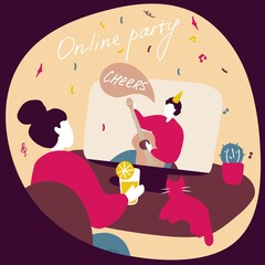 Young woman talking to friends online. Date on Internet. Online party, family event. Doodle flat vector illustration