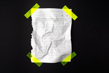 The crumpled page of the diary is taped. Design. Background design. Adhesive tape for design...