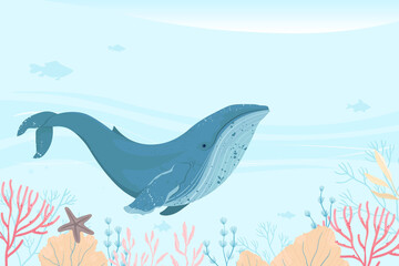 Landscape of marine life. Ocean and underwater world with different animals and plants.