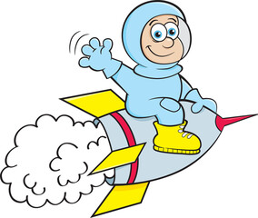 Cartoon illustration of a boy in a space suit riding a space ship.