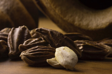 Brazilian Lecythis pisonis nuts with one open in wood background