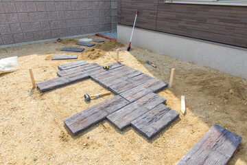 作業、ガーデニング、庭造り、庭、枕木