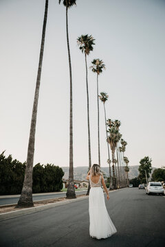 Rear view of bride on a road with palm trees