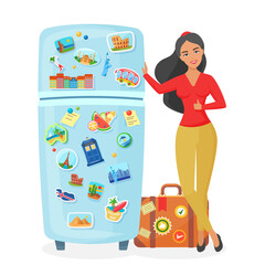Traveler young pretty woman showing fridge with souvenir famous places magnets flat vector illustration. Travel agency concept.